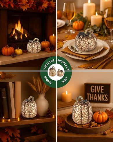 Set of 2 White & Gold Decorative Pumpkins – Resin Fall Harvest Table Centerpiece, Elegant Autumn Décor for Thanksgiving Decoration Farmhouse Home (White) in Kuwait