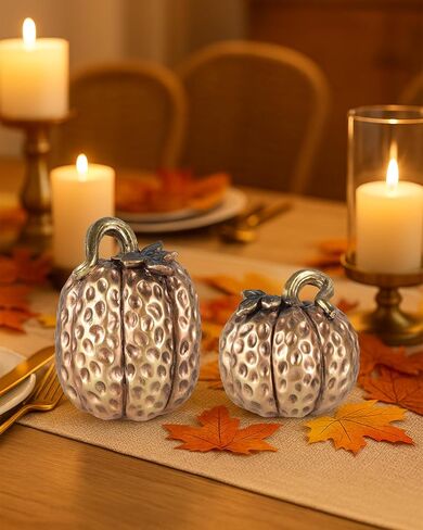 Set of 2 White & Gold Decorative Pumpkins – Resin Fall Harvest Table Centerpiece, Elegant Autumn Décor for Thanksgiving Decoration Farmhouse Home (White) in Kuwait