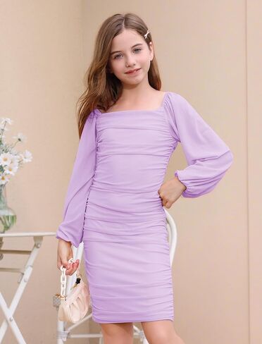 Girls Ruched Bodycon Teens Party Dress Mesh Long Sleeve Pencil Short Dress Tight Dresses for Teens Holiday in Saudi Arabia