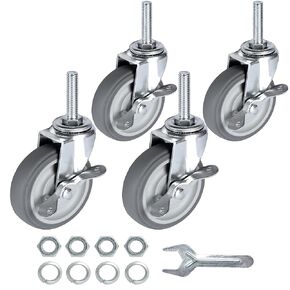 Finnhomy Caster Wheels 3 Inch Set of 4 Heavy Duty Threaded Stem Casters 5/16"-18x1-1/2 Swivel Rubber Industrial Castors Locking Wheels for Wire Shelving/Furniture/Carts Load Bearing 720 Lbs Gray