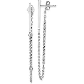 14k White Gold Polished and Twisted Bar w/Chain Post Earrings - 56mm - Made In Italy