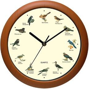 13 Inch Singing Bird Wall Clock Light Sensor Bird Clock That Sings on Hour (White Wood Grain)