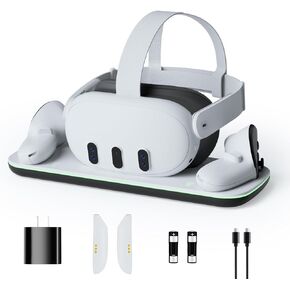 قاعدة شحن لاسلكية لـ Meta Quest 3، محطة شحن ملحقات الواقع الافتراضي لـ Oculus Quest 3 مع شاحن وحدة التحكم، بطاريتين قابلتين للشحن، محول 30 وات، كابل USB-C، مناسب لحزام رأس Elite in Kuwait