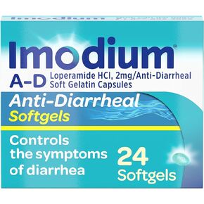 Imodium A-D Anti-Diarrheal Medicine Softgels with 2 mg Loperamide Hydrochloride per Capsule, Diarrhea Relief to Help Control Symptoms Due to Acute, Active & Traveler's Diarrhea, 24 ct.