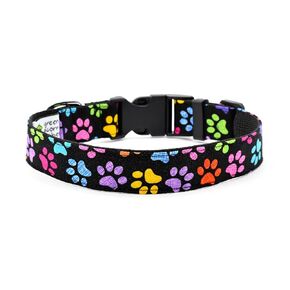 Colorful Paw Prints Dog Collar - Black With Black Buckle - Unisex - 4 Sizes Adjust 9 to 27 Inches - 1 Inch Wide (Large 14-21")