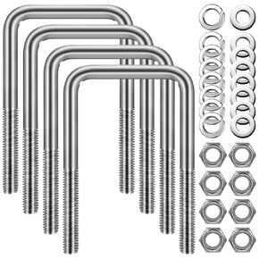 4 Sets Square U Bolts, 3 inch Wide 304 Stainless Steel U-bolt, 1/2" D x 3 1/16" W x 4 5/16" L, 2 1/2 inch Thread Length 4 U Bolt + 8 Nuts, 8 Lock and 8 Flat Washers for Boat Automobile Trailer