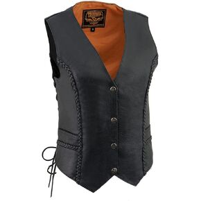 Milwaukee Leather ML1255 Women's Black Braided Naked Leather Side Lace Motorcycle Rider Vest W/Front Snap Closure