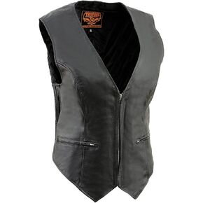 Milwaukee Leather SH1288 Women's Black Leather Deep V-Neck Motorcycle Rider Vest with Side Stretch Panels