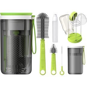 Travel Electric Baby Bottle Brush Set with Electric Bottle Cleaner and Water Bottle Brush and Nipple/Straw Brush,Milk Frother and Drying Rack(Green)