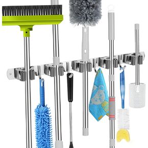 2 Racks and 3 Hooks Mop and Broom Holder Wall Mount, Self Adhesive Heavy Duty Broom Organizer Storage Tool Racks for Kitchen Garden Laundry Garage