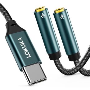 USB C to Dual 3.5mm Female Headphone Splitter, Type C to AUX TRRS 2-in-1 Audio Adapter with Hi-Res DAC Chip, for USB-C Smartphone, Laptop, Pad to Two Headphones, Speakers, TRRS Microphones