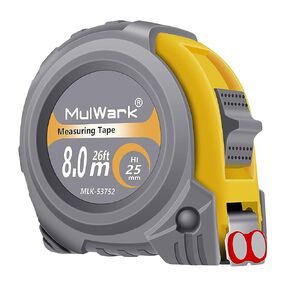 شريط قياس MulWark بطول 26 قدم بمقياس متري إمبراطوري مع شفرة معدنية على كلا الجانبين، وخطاف طرف مغناطيسي وحقيبة ماصة للصدمات للبناء والمقاول والنجار والمهندس المعماري وأعمال النجارة