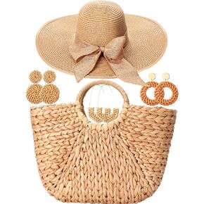 5 Pcs Womens Large Straw Beach Tote Bag 5.5 Inch Big Bowknot Straw Hat with Rattan Earrings Set Summer Handwoven Bags Floppy Foldable Roll up Beach Cap Wide Brim Sun Hat for Summer Vacation