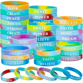 Skylety 60 Pieces Motivational Silicone Wristbands Rubber Bracelets Bulk Inspirational Quote Rainbow Color Pride Bracelets Stretch Wristbands Gift for Christmas Events Party Supplies, 15 Style
