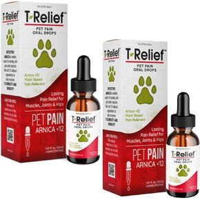 T-Relief Pet Pain Relief Drops Arnica +12 دواء طبيعي قوي يساعد على تقليل آلام المفاصل والورك وإصابات تصلب الكلاب والقطط - مهدئ سريع المفعول - 1.69 أونصة