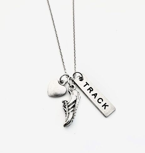 Pewter LOVE TO RUN TRACK Necklace - Pewter Heart, Pewter Running Shoe Charm and Pewter TRACK Pendant on 18 inch Stainless Steel Cable Chain - All Pewter in Saudi Arabia