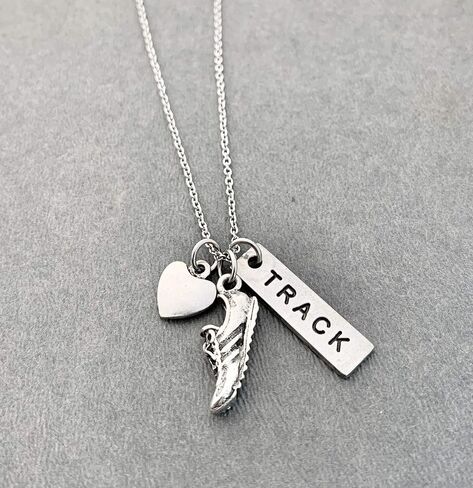 Pewter LOVE TO RUN TRACK Necklace - Pewter Heart, Pewter Running Shoe Charm and Pewter TRACK Pendant on 18 inch Stainless Steel Cable Chain - All Pewter in Saudi Arabia