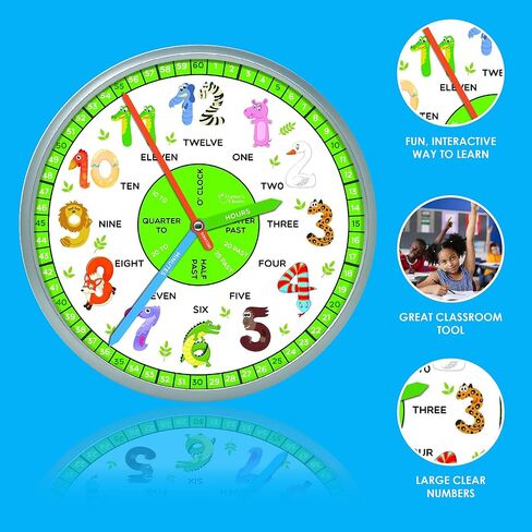 Educational Wall Clock - Silent Movement Time Teaching Clock for Teacher's Classrooms and Kid's Bedrooms - Math Circles (Silver/Black) in Saudi Arabia
