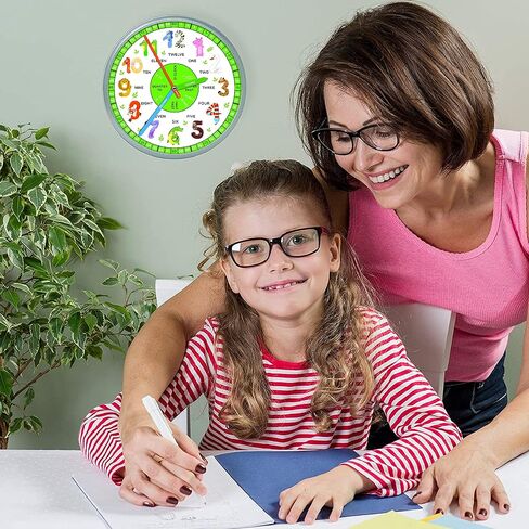 Educational Wall Clock - Silent Movement Time Teaching Clock for Teacher's Classrooms and Kid's Bedrooms - Math Circles (Silver/Black) in Saudi Arabia