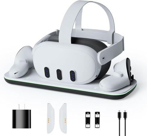 قاعدة شحن لاسلكية لـ Meta Quest 3، محطة شحن ملحقات الواقع الافتراضي لـ Oculus Quest 3 مع شاحن وحدة التحكم، بطاريتين قابلتين للشحن، محول 30 وات، كابل USB-C، مناسب لحزام رأس Elite in Kuwait