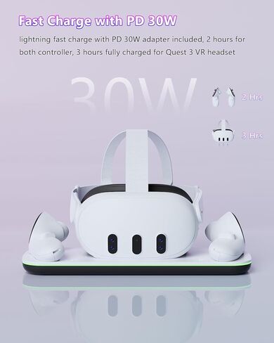 قاعدة شحن لاسلكية لـ Meta Quest 3، محطة شحن ملحقات الواقع الافتراضي لـ Oculus Quest 3 مع شاحن وحدة التحكم، بطاريتين قابلتين للشحن، محول 30 وات، كابل USB-C، مناسب لحزام رأس Elite in Kuwait