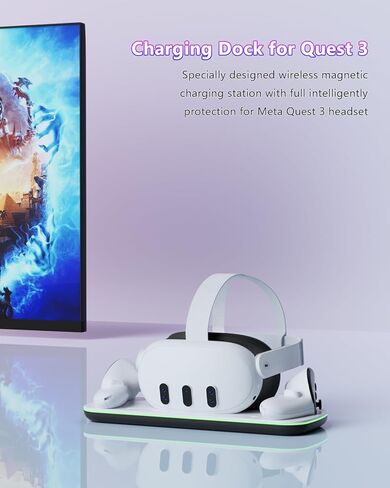 قاعدة شحن لاسلكية لـ Meta Quest 3، محطة شحن ملحقات الواقع الافتراضي لـ Oculus Quest 3 مع شاحن وحدة التحكم، بطاريتين قابلتين للشحن، محول 30 وات، كابل USB-C، مناسب لحزام رأس Elite in Kuwait