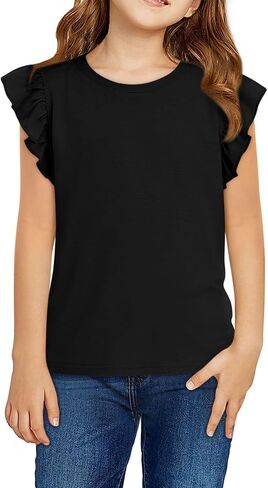 Zwurew Girls Tank Tops 2024 Ruffle Sleeve Crew Neck Summer Solid Girls Fashion Shirts Tee Tops Clothes 5-14 Years in Saudi Arabia