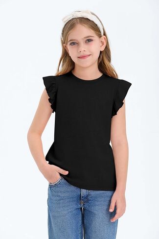 Zwurew Girls Tank Tops 2024 Ruffle Sleeve Crew Neck Summer Solid Girls Fashion Shirts Tee Tops Clothes 5-14 Years in Saudi Arabia
