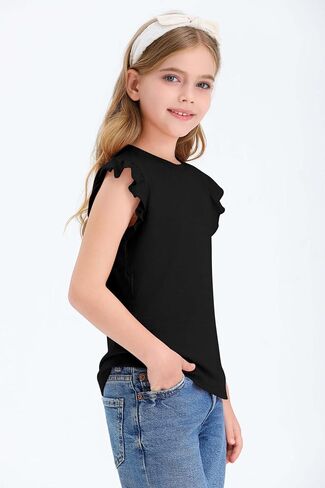 Zwurew Girls Tank Tops 2024 Ruffle Sleeve Crew Neck Summer Solid Girls Fashion Shirts Tee Tops Clothes 5-14 Years in Saudi Arabia