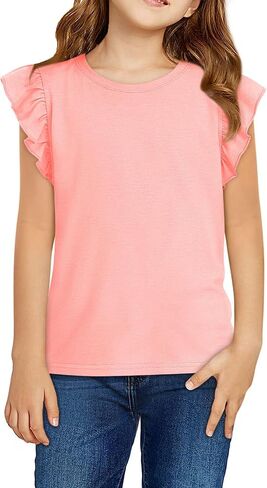 Zwurew Girls Tank Tops 2024 Ruffle Sleeve Crew Neck Summer Solid Girls Fashion Shirts Tee Tops Clothes 5-14 Years in Saudi Arabia
