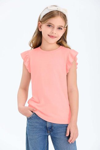 Zwurew Girls Tank Tops 2024 Ruffle Sleeve Crew Neck Summer Solid Girls Fashion Shirts Tee Tops Clothes 5-14 Years in Saudi Arabia