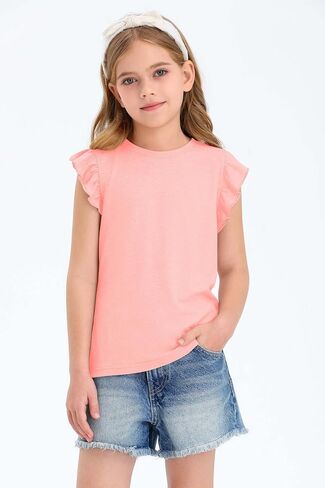 Zwurew Girls Tank Tops 2024 Ruffle Sleeve Crew Neck Summer Solid Girls Fashion Shirts Tee Tops Clothes 5-14 Years in Saudi Arabia