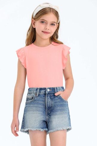 Zwurew Girls Tank Tops 2024 Ruffle Sleeve Crew Neck Summer Solid Girls Fashion Shirts Tee Tops Clothes 5-14 Years in Saudi Arabia
