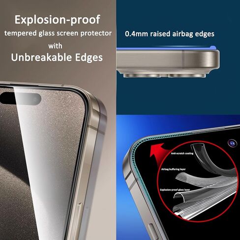 واقي شاشة للخصوصية من الزجاج المقوى [عبوة من قطعتين] لهاتف iPhone 15 Pro Max، وسادة هوائية مقاومة للكسر، حماية فائقة، مضادة للتجسس، سهلة التركيب، تغطية كاملة 6.7 بوصة in Saudi Arabia