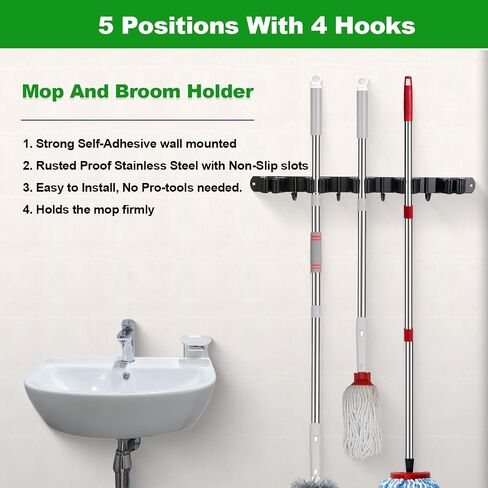 2 Racks and 3 Hooks Mop and Broom Holder Wall Mount, Self Adhesive Heavy Duty Broom Organizer Storage Tool Racks for Kitchen Garden Laundry Garage in Saudi Arabia