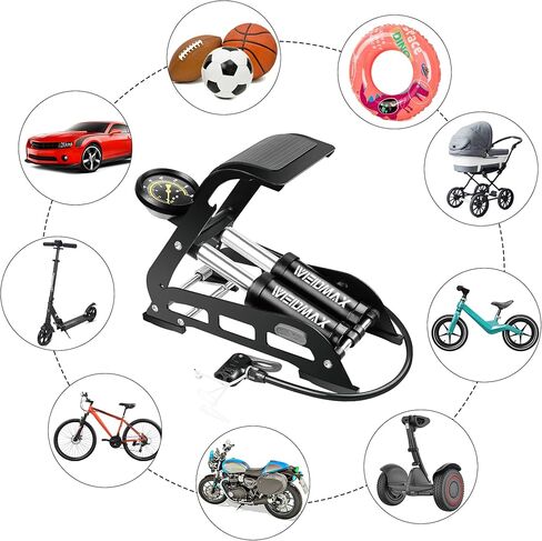مضخة قدم أسطوانية مزدوجة، مضخة نفخ هواء للدراجة ذات أسطوانة مزدوجة من WEIDMAX، مضخة محمولة لأرضية الدراجة، مضخة لإطارات الدراجة، مضخة نفخ هواء لأرضية الدراجة مع مقياس الضغط ورأس صمام ذكي in Kuwait