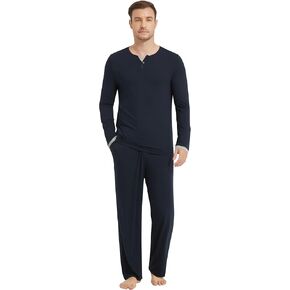 NACHILA Pajamas Set for Men-Viscose Made from Bamboo,Long Sleeve Sleepwear V Neck Pjs Sets Soft Loungewear with Pants in Kuwait