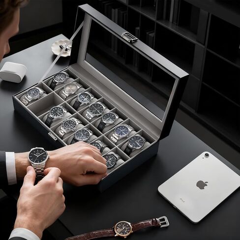 ProCase Watch Case for Men, 14 Slot Mens Watch Box Holder Organizer with Glass Lid, Watches Display Case Birthday Christmas Gifts for Men Women -14 Slot, Black in Saudi Arabia