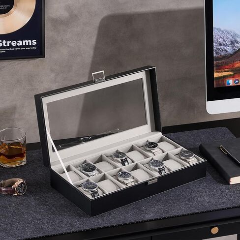 ProCase Watch Case for Men, 14 Slot Mens Watch Box Holder Organizer with Glass Lid, Watches Display Case Birthday Christmas Gifts for Men Women -14 Slot, Black in Saudi Arabia