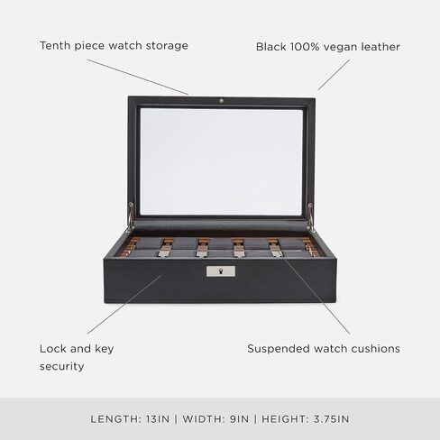 WOLF Roadster 10-Piece Watch Box with Drawer, Black - Features 10 Watch Compartments, Lock and Key, Suspended Watch Cushions, Smart Watch USB Port & Storage in Saudi Arabia