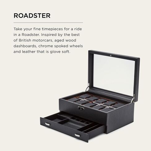 WOLF Roadster 10-Piece Watch Box with Drawer, Black - Features 10 Watch Compartments, Lock and Key, Suspended Watch Cushions, Smart Watch USB Port & Storage in Saudi Arabia
