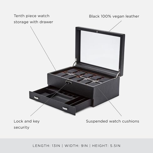 WOLF Roadster 10-Piece Watch Box with Drawer, Black - Features 10 Watch Compartments, Lock and Key, Suspended Watch Cushions, Smart Watch USB Port & Storage in Saudi Arabia