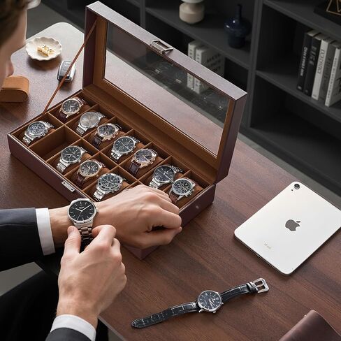 Procase Watch Case for Men ، 14 Slot Mens Watch Box Holder Organizer with Glass Lid ، Watches Display Display Higrids Christmas for Men Women -14 Slot ، Black in Kuwait