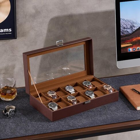 Procase Watch Case for Men ، 14 Slot Mens Watch Box Holder Organizer with Glass Lid ، Watches Display Display Higrids Christmas for Men Women -14 Slot ، Black in Kuwait