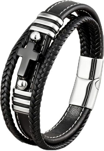 VA JENT Cross Leather Bracelet For Men Multilayer Braided Memorial Wristband Bangle Stainless Steel Buckle Religious Activities Holiday Gifts in Kuwait