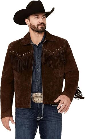 Western Cowboy Suede Jacket Men Traditional Buckskin Native American Beaded Brown Real Leather Fringe Jacket in Saudi Arabia