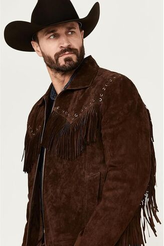 Western Cowboy Suede Jacket Men Traditional Buckskin Native American Beaded Brown Real Leather Fringe Jacket in Saudi Arabia