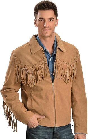 Western Cowboy Suede Jacket Men Traditional Buckskin Native American Beaded Brown Real Leather Fringe Jacket in Saudi Arabia