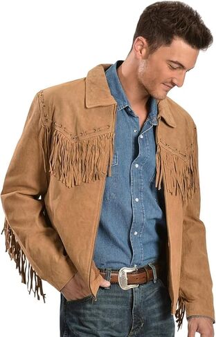 Western Cowboy Suede Jacket Men Traditional Buckskin Native American Beaded Brown Real Leather Fringe Jacket in Saudi Arabia