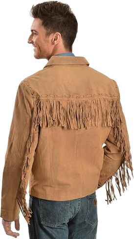 Western Cowboy Suede Jacket Men Traditional Buckskin Native American Beaded Brown Real Leather Fringe Jacket in Saudi Arabia